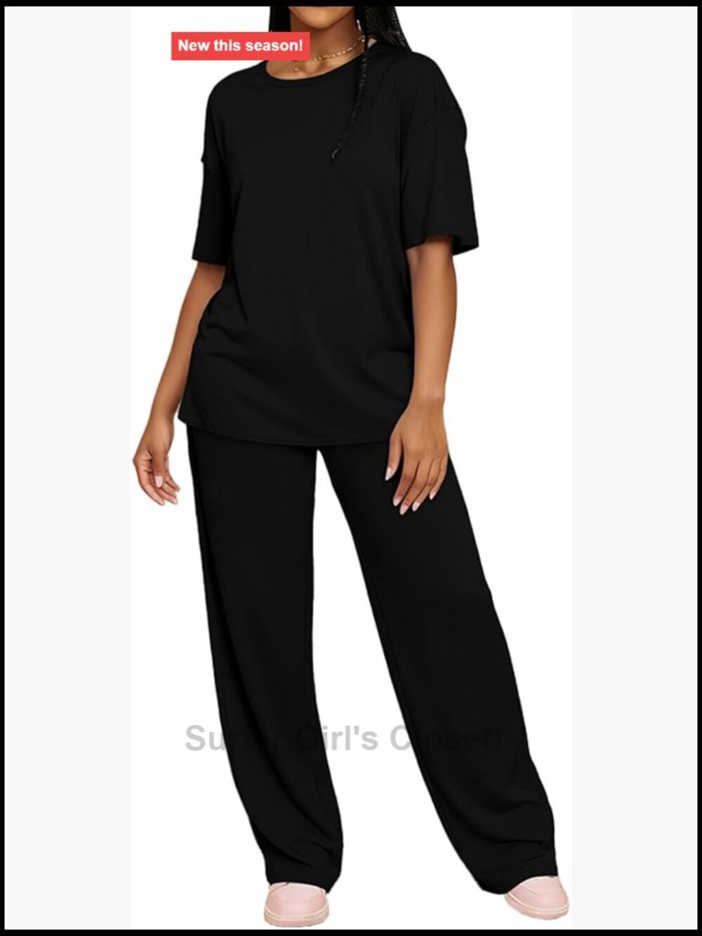 2 Piece Lounge Set: Loose Top & Wide Leg Pants, Short Sleeve